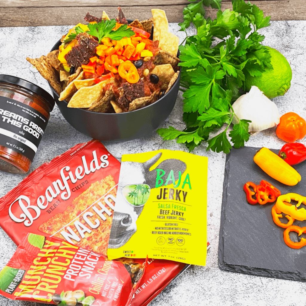 Nacho fiesta with jerky, spices, fresh herbs